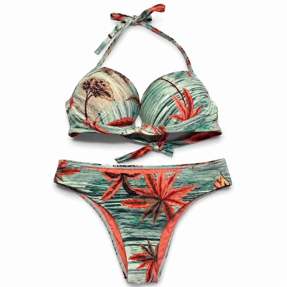 Brazilian Bikini Set M Made in Brazil Tropical Floral Halter Tie Cheeky NWOT